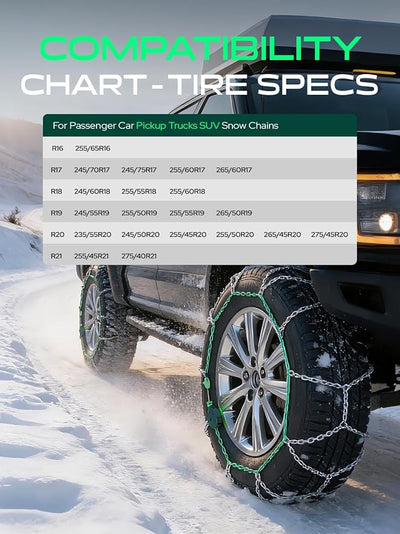 YHTAUTO Set of 2 Snow Chains 16mm for Pickup Truck SUV Passenger Car Universal Fit Tire Chains Auto-Tightening Quick Installation, Anti-slip Traction in Snow, Mud, Sand | SWC0006