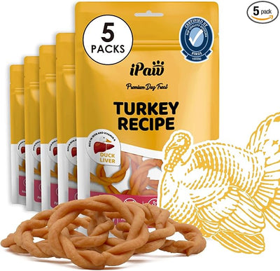 iPaw 5 Stock-Up Combo Turkey Dog Treats, SQF Certified Human Grade Dog Treat, Suitable for Training Chew, Hypoallergenic, Rawhide Alternative, Ring (Duck Liver), 5 Packs