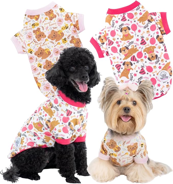 Pippo's Shop 2 Pack Dog Shirt Premium Peruvian Cotton, Fashionable and Cute Pet Apparel, Lightweight Stretch Puppy Soft Breathable T-Shirt (Bee & Pup-Girl Pack, X-Large)