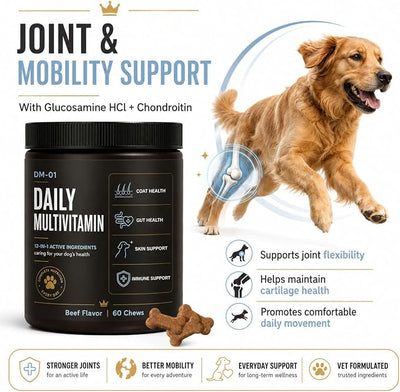 DM-01 Daily Multivitamin Soft Chews for Dogs, with Salmon Oil, Glucosamine HCl, Chondroitin, B Vitamins & Folic Acid, Skin & Coat, Joint, Digestive & Immune Support, Beef Flavor, 60 Soft Chews
