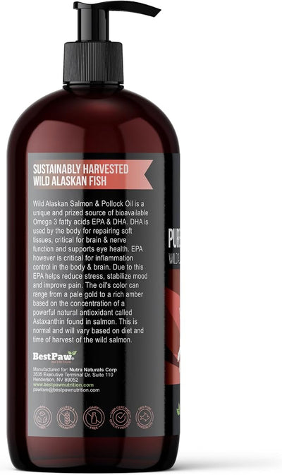 Wild Alaskan Salmon Oil for Dogs | Liquid Omega 3 Fish Oil with Pump | Skin and Coat, Joint and Heart Support | High Potency EPA and DHA | 32oz