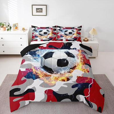 Erosebridal Boys Football Comforter Set Queen Size, Red Black Camo Bedding Set for Kids Teens Adult, Soccer Sports Game Quilted Duvet Militarily Camouflage Bedding Comforters with 2 Pillow Cases