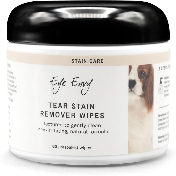 Tear Stain Wipes for Dogs. Textured to Gently Clean. Presoaked in Natural Formula. Recommended by AKC Breeders, Professional Groomers. Cleans Staining. USA Made. 60 Wipes