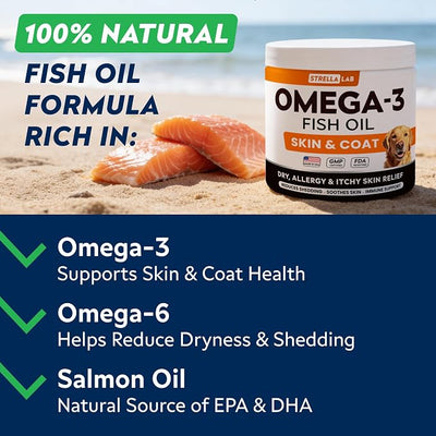 StrellaLab Omega 3 for Dogs - (180Ct) Fish Oil Treats - Allergy & Itch Relief Skin & Coat Supplement - Dry Itchy Skin, Anti Shedding & Hot Spots Treatment - Pet Salmon Oil Chews - Chicken Flavor
