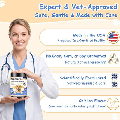 Dog Allergy Chews, Itchy Skin & Paw Licking Support, Probiotics for Dogs, Immune & Gut Health, Seasonal Allergy Formula, Skin & Coat Health, Chicken Flavor Soft Chews, 200 Ct, BlueChampagne