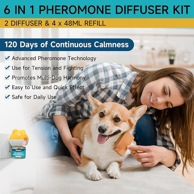 Woyamay Dog Calming Diffuser - Dog Pheromones Calming Diffuser for Dog Anxiety Relief 6-in-1 Dog Pheromone Diffuser Kit with 2 Diffuser + 4 Refill 48ml Vial - 120 Days Pheromone Diffuser to Calm Dogs