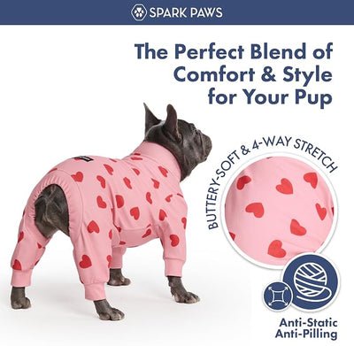 Spark Paws Dog Pajama, Dog Recovery Suit Male, Onesie, Ultra-Soft and 4-Way Stretch, for Small Medium and Large Breeds - Pink Hearts - 3XL
