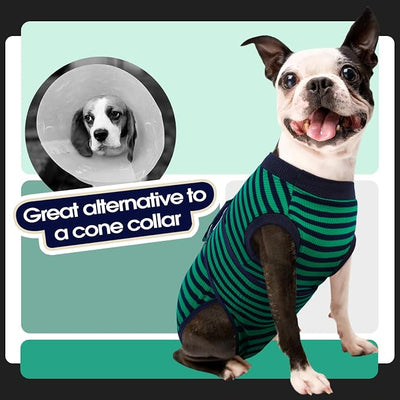 FUAMEY Recovery Suit for Dogs After Surgery,Soft Breathable Dog Bodysuit E-Collar & Cone Alternative Surgical Suit,Male Female Dog Neuter Spay Suits Anti Licking Wounds Onesie Green Black Stripes XXL