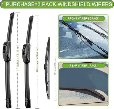 PARRATI® Windshield Wiper Blades for Hummer H3 2006-2010, 3 Pack | 17/16 Inch Front +11 Inch Rear, OEM Replacement, Ultra Quiet, No Streaks All Weather Wiping