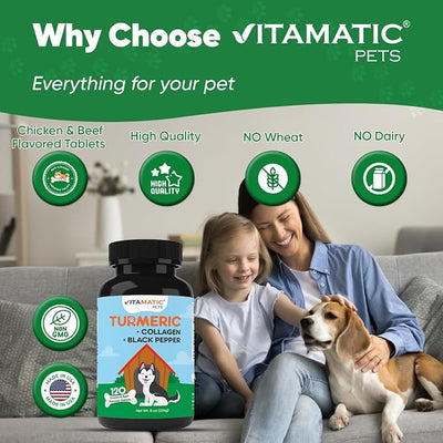 Vitamatic Turmeric for Dogs – 120 Chewable Tablets – Anti-Inflammatory Pain Relief with Curcumin, Collagen & Black Pepper – Hip & Joint Support for Dogs