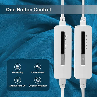 Eydna Electric Heated Blanket Queen Size 84"x90", Soft Plush Microplush for Bed, Dual Controllers & Heating Zones, 10Hs Auto Off & 5 Heating Levels, Machine Washable, Gifts for Womens-Blue Green