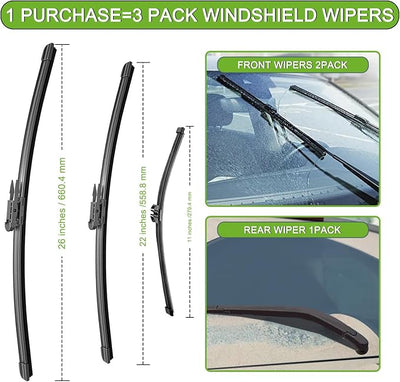 PARRATI® Windshield Wiper Blades for Ford Explorer 2011-2023, 3 Pack | 26/22 Inch Front +11 Inch Rear, OEM Replacement, Ultra Quiet, No Streaks All Weather Wiping
