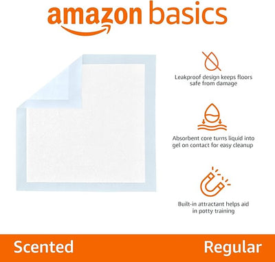 Amazon Basics Scented Dog and Puppy Potty Training Pee Pads, 5-Layer Leak-Proof Super Absorbent with Quick-Dry Surface, Regular Size 22 x 22 Inch, Blue & White, 50 Count