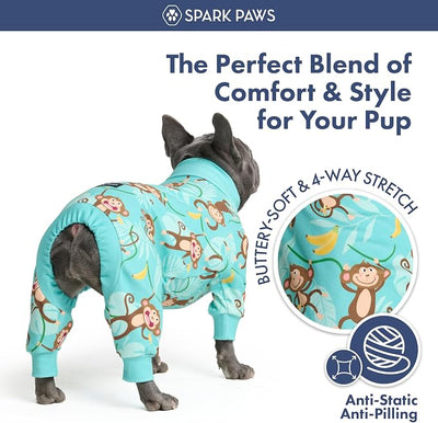 Spark Paws Dog Pajama, Dog Recovery Suit Male, Onesie, Ultra-Soft and 4-Way Stretch, for Small Medium and Large Breeds - Monkey Business - 4XL