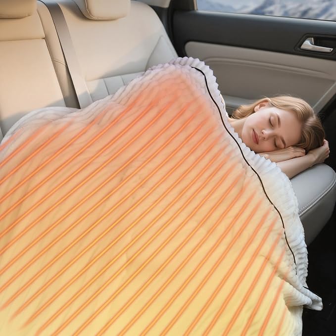 WOOMER 12V Electric Throw Blanket for Car – Soft Faux Fur & Cozy Sherpa with 2 Output USB Ports (1A +1 C) 4 Heating Levels & 4 Hours Auto Off, Machine Washable, 59" X 43", Beige