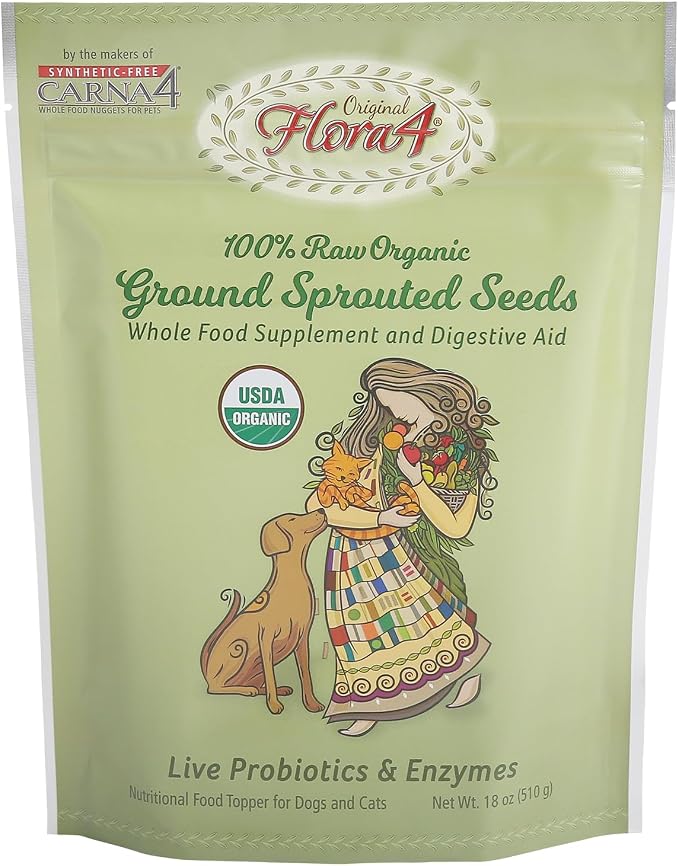 CARNA4 Flora4 Sprouted Seeds Food Topper for Dogs & Cats, Original Blend with sprouted Flaxseed, Rich in Natural Probiotics & Digestive Enzymes, Synthetic-Free Whole Food Supplement 18oz