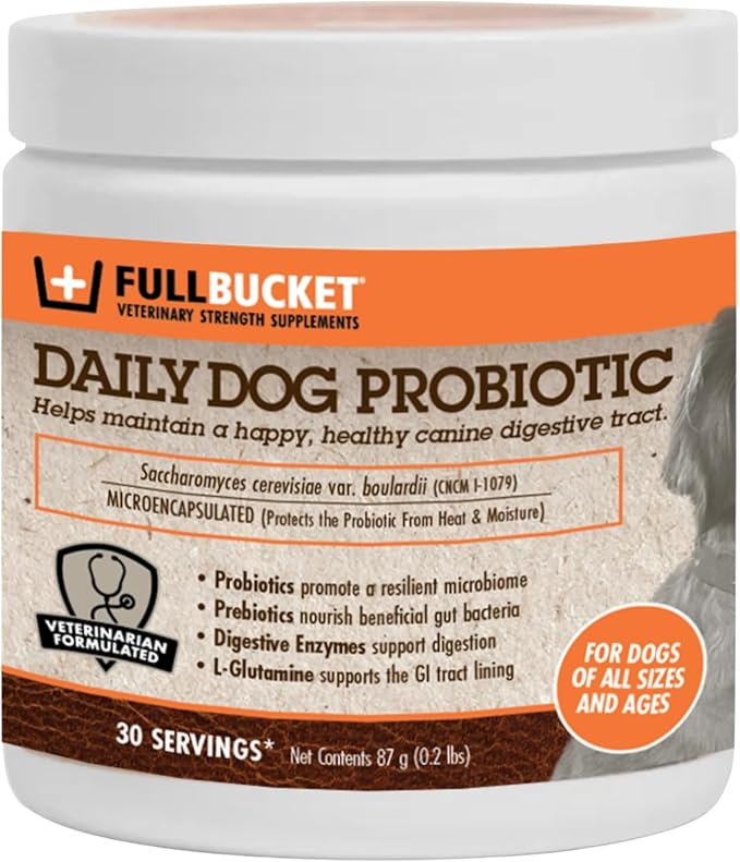 FullBucket Daily Dog Probiotic 30 Servings - Support Natural Digestion, Treat & Prevent Diarrhea - Probiotics, Prebiotics & Digestive Enzymes All in One Tasty Probiotic Powder for Dogs