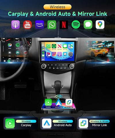 4G+128G Car Radio for Honda Accord 7th 2003-2007 Stereo 10.1 inch in-Cell Screen Full Touchscreen Wireless CarPlay/Android Auto Android 15 Bluetooth DSP FM/RDS GPS WiFi SWC AHD Backup Camera