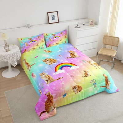 Erosebridal Cat Comforter Set, Starry Sky Bedding Set Queen for Girls Kids Boys Bedroom Decor, Rainbow Galaxy Down Comforter, Soft Breathable Microfiber Quilted Comforter with 2 Matching Pillowcases