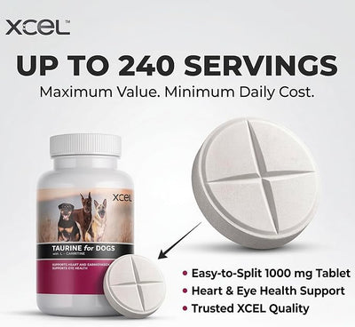 XCEL Taurine for Dogs 1000 mg Supplement with L-Carnitine, Quarter Scored Tablets (250 mg Split), Up to 240 Servings, Supports Heart, Eye & Energy Health