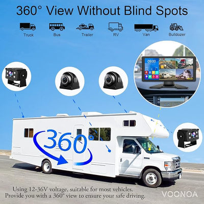 4K RV Backup Camera System 10.36" Quad Split Touch Screen Monitor with 4 1080P Rear Side View Camera, DVR Recording Bluetooth MP3 MP5 IP69 Waterproof Night Vision for RV Truck Trailer Tractor