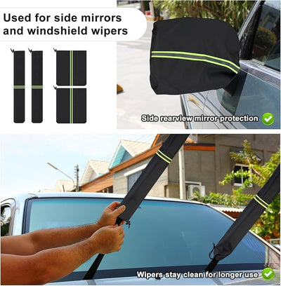 4 Pack Car Mirror Covers and Windshield Wiper Covers, Side Mirrors & Wiper Blades Covers for Universal Cars SUV Truck Snow Frost Protector Waterproof Oxford Cloth with Reflective Strip,Black