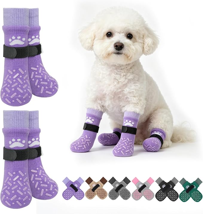 Anti Slip Dog Socks to Prevent Licking Paws for Hot/Cold Pavement, Paw Protector Traction Control on Hardwood Floor, Dog Shoes Booties for Puppy Small Medium Large Senior Dogs, Purple S
