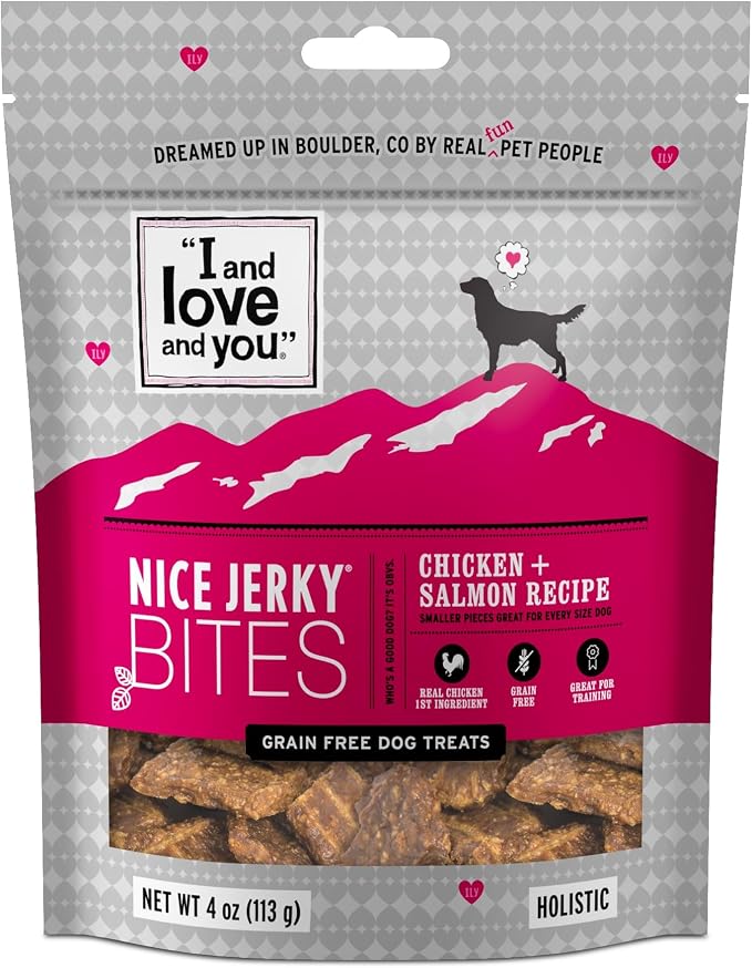 Nice Jerky Bites - Chicken + Salmon - Grain Free, Real Beef, Training Treat, Chewy Dog Treats, Filler Free, 4oz