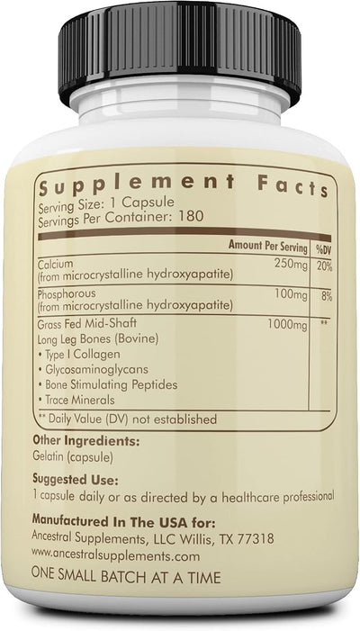Ancestral Supplements Grass Fed Beef Living Bone Supplement, Bone Meal Capsules Support Bone Health, Oral and Joint Health and Flexibility, Non-GMO, 180 Capsules (Pack of 2)