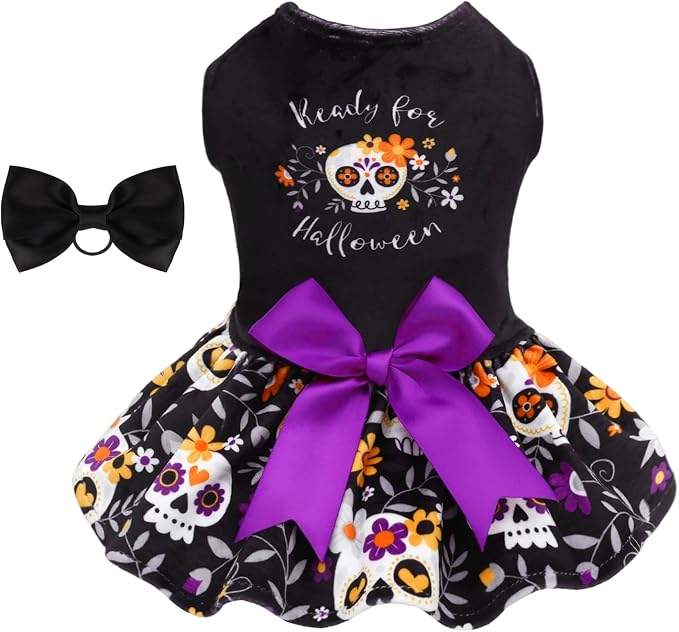 CuteBone Halloween Dog Dresses Velvet Holiday Small Dogs Clothes Onesie Pet Apparel Girl Puppy Skirt with Bow Hair Rope