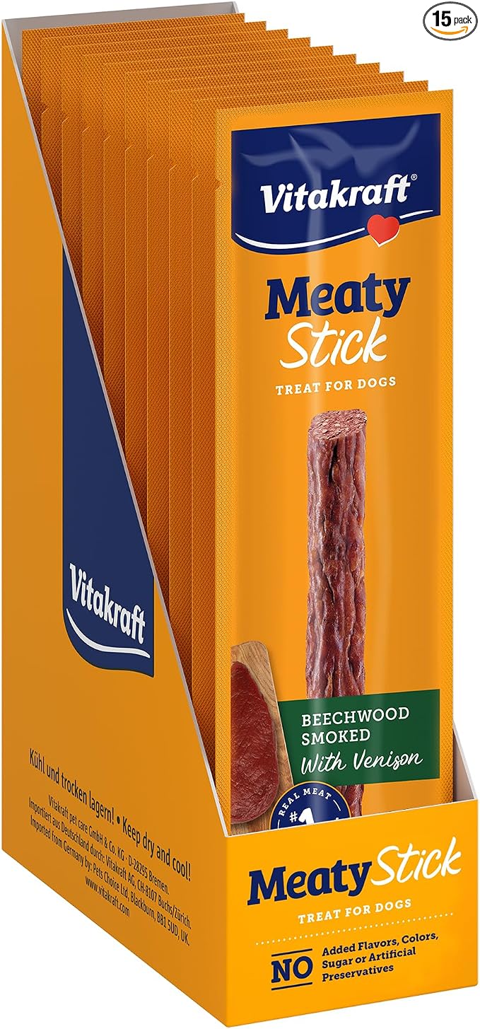 Vitakraft MeatyStick Venison, Jerky Treat for Dogs, No Added Sugar, Real Meat Ingredient, No Artificial Preservatives, Flavors or Colors, Naturally Smoked, Individually Packed, 1.0 oz, Stick, 15 count