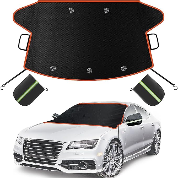 Car Windshield Cover for Ice and Snow, Windshield Snow Cover, Performance Brake Kits with Side Mirrors Cover, Fits Most Cars, Trucks, Vans, SUVs, Orange Strips
