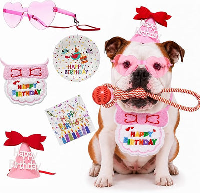 Pet Birthday Outfit for Girl Dog & Cat, 34PCS Puppy Birthday Party Costume with Pink Birthday Hat, Heart Sunglasses & Bandana Bib, Cute Birthday Supplies for Dog Girl Party