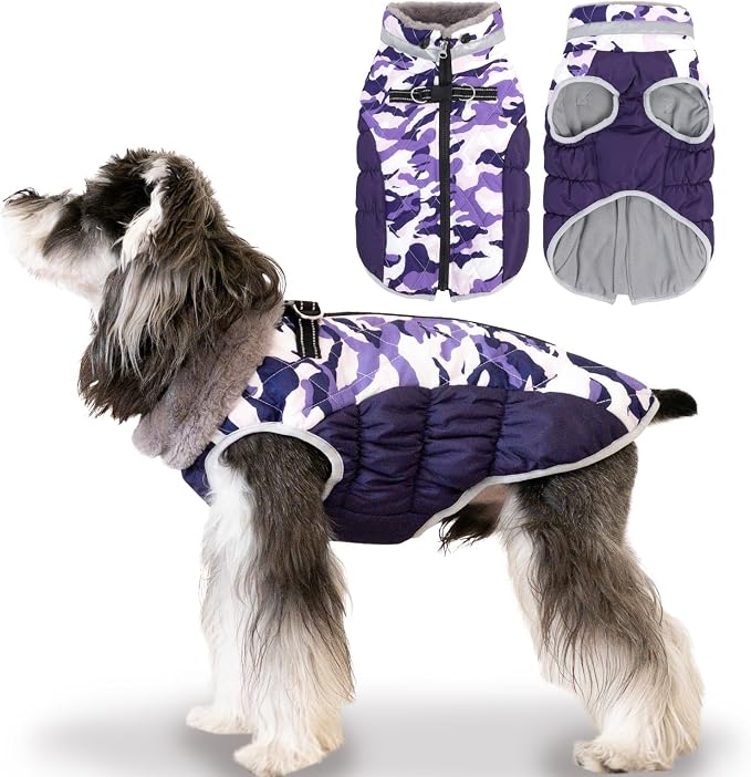 Cutebone Purple Camouflage Waterproof Thick Dog Winter Coat Doggie Jacket, Cozy Warm Pet Clothes Comfortable Puffer Dog Vest for Small Medium Large Dogs with Harness Hole YRFN01M