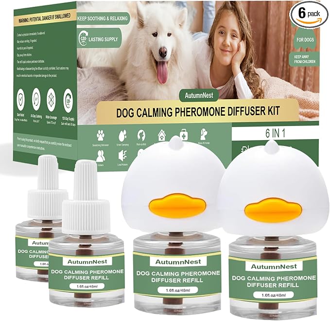 Dog Pheromone Calming Diffuser Kit, Calming Diffuser for Dog (2 Plug-Ins & 4×48ml Refills) for Stress Support, Helps Reduce Barking & Aggression, 120-Day Supply (Non-Toxic, Safe & Inedible)