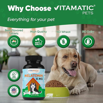 Vitamatic Melatonin for Dogs – 6 mg – 120 Chewable Tablets (Pack of 2) Beef Flavored – Natural Calming Support – Non-Habit Forming – Veterinarian Formulated