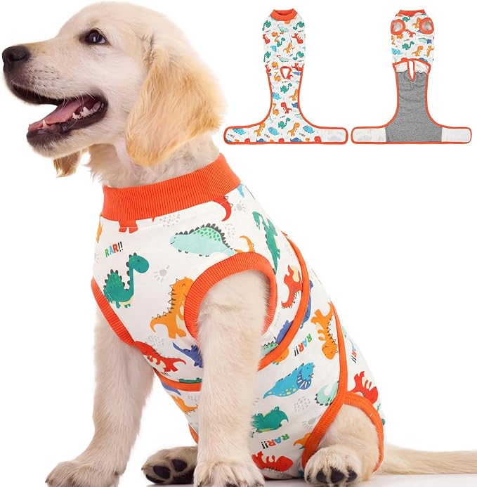Dog Surgery Recovery Suit, Soft Breathable Dog Recovery Suit for Female Spay Male Nueuter, Anti Licking Puppy Onesie Pet Surgical Suit for Dogs Abdominal Wounds Skin Disease, Dinosaur XS