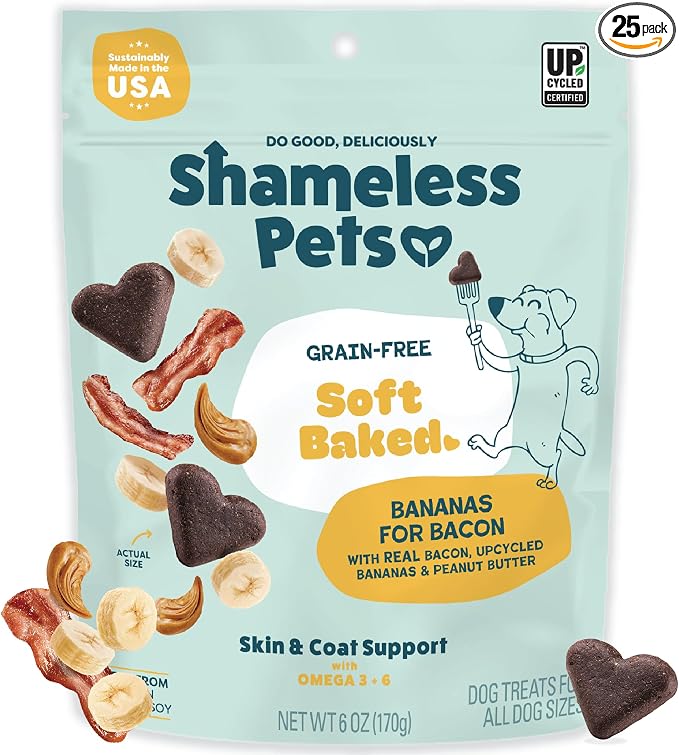 Shameless Pets Soft-Baked Dog Treats, Bananas for Bacon | Healthy Treats for Small, Medium & Large Dogs | Skin & Coat Support with Omega-3 & Omega-6 | Grain-Free, Made in USA | 6 oz
