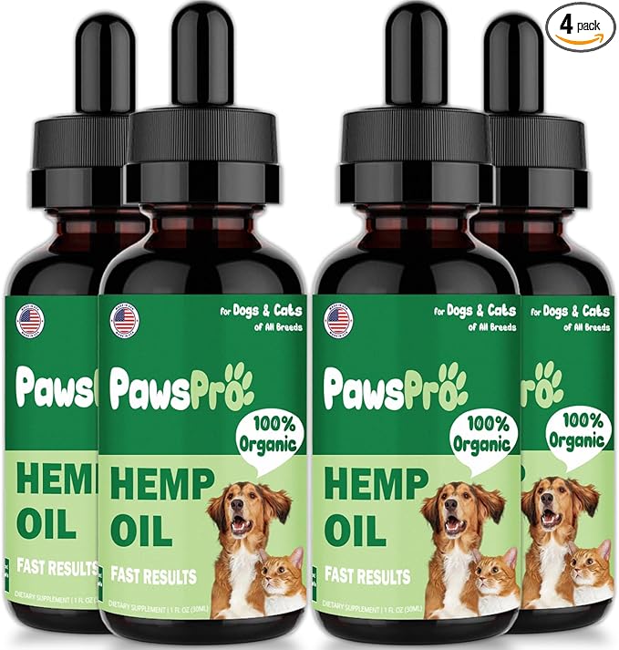 4-Pack Hеmp Oil for Dogs and Cats - Hip and Joint Support - Skin and Coat Health - with Omega 3, 6, 9 and Vitamins - Fast Results