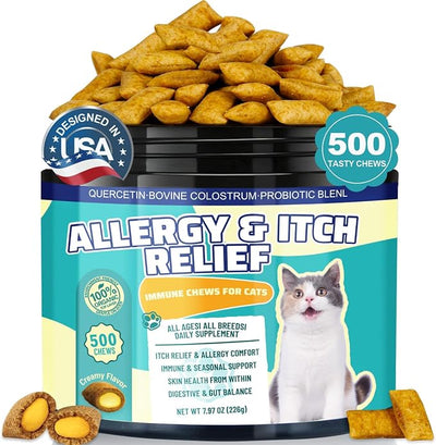 L-Lysine Chews for Cats 500 Chews, with Colostrum & Omega-3s for Soothes Sneezing, Runny Nose & Itchy Skin, for All Ages & Breeds Cats