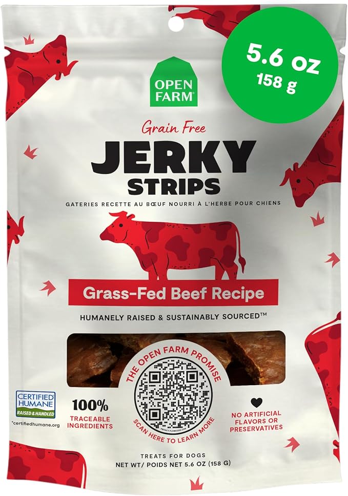 Dog Jerky Treats, Soft & Chewy Oven-Baked Jerky Strips Made with Ethically & Sustainably Sourced Ingredients, Protein Packed Dog Treats, Grain-Free Grass-Fed Beef Recipe, 5.6oz Pouch