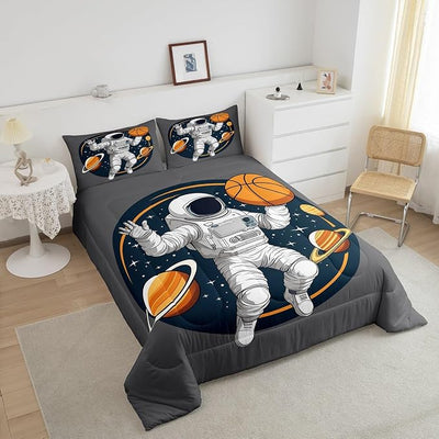 Erosebridal Boys Astronaut Bedding Set Twin Size, Kids Outer Space Comforter Set for Bedroom, Galaxy Solar System Quilted Duvet for Children Girls Teens, Starry Sky Down Comforter, Gray White