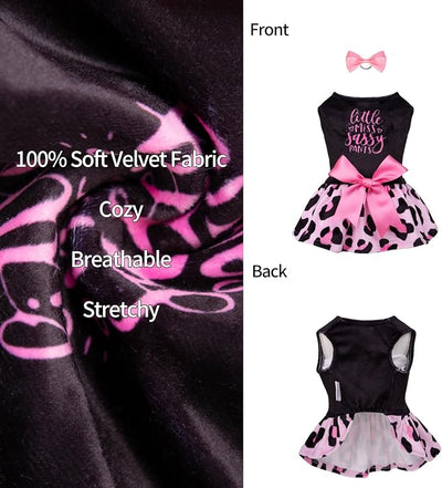 CuteBone Little Miss Sassy Pants Dog Leopard Print Dress Velvet for Small Dogs Girl Puppy Dresses Pink Dog Clothes CVA15L-D