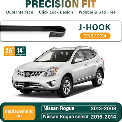 Windshield Wiper Blades Replacement for Nissan Rogue 2008-2013 Rogue select 2014-2015,Original Equipment Replacement Front Rear Wiper Blade Set - 26" 14" 12" (Set of 3)