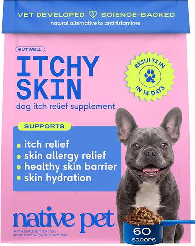 Native Pet Dog Itching Skin Relief Supplement - Allergy Support Powder Triple-biotic with Zinc and Vitamin E - Seasonal Itch Relief for Dogs - 60 Scoops
