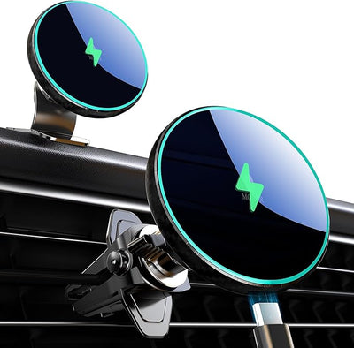 MOKPR for Magnetic Car Mount Charger-15W Wireless Car Charger-Magnetic Car Phone Holder for Dash Air Vent-LED RGB HandsFree Car Mount Fast Car Charger for iPhone 14/13/12 Series Carbon Fiber