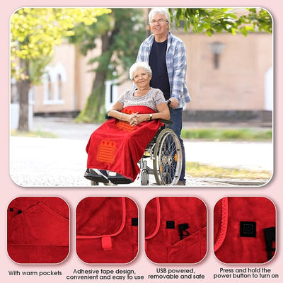 Hahafelt 12v Heated Flannel Wheelchair Blanket, Red Portable Heated Throw for Elderly 2 Heating Zones, Camping Essentials, Elderly Gift