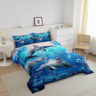 Dolphin Comforter Set King Size 3D Marine Animals Duvet Insert for Kid Teen Boys Girls Blue Ocean Down Comforter for Adult Bedroom Decor 3-Pieces Bedding Comforters with 2 Pillow Cases,Soft