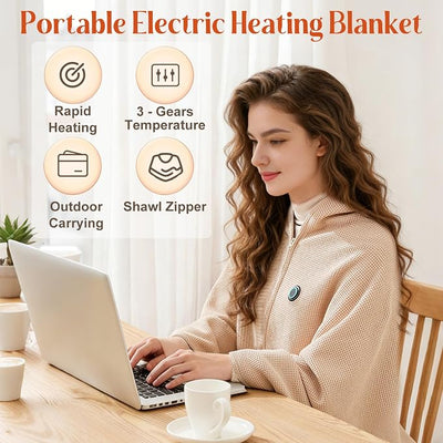 USB Portable Heated Electric Blanket - Cordless Heated Throw Blanket for Outdoor with 3 Heating Levels-Wearable Shawl for Travel,Camping,Bed-Winter Gifts for Women(Battery Not Included) (Milky White)