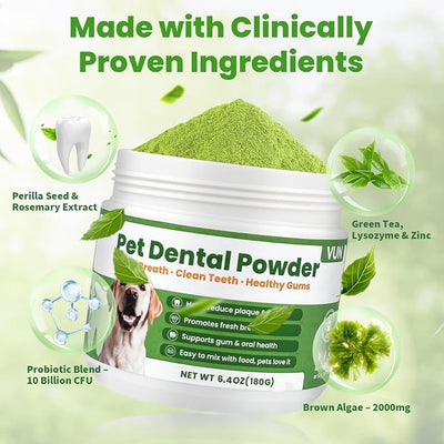 Dog Dental Powder for Dogs Teeth Cleaning Powder Probiotic Dental Care Supplement for Pet Dog Breath Freshener, with Brown Algae, Plaque Tartar Remover, Fresh Breath, Sensitive Stomach Support